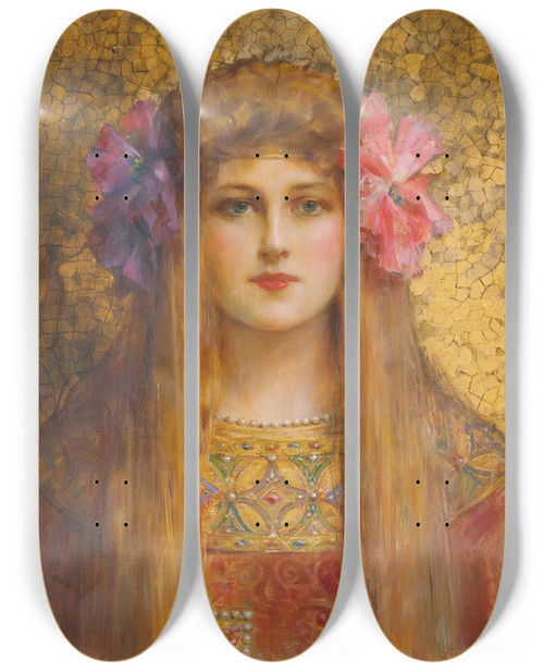 Triptych art skateboard deck of Lon Franois Comerre Portrait De Femme Au Turban Fleuri by Leon Francois Comerre (1850-1916)