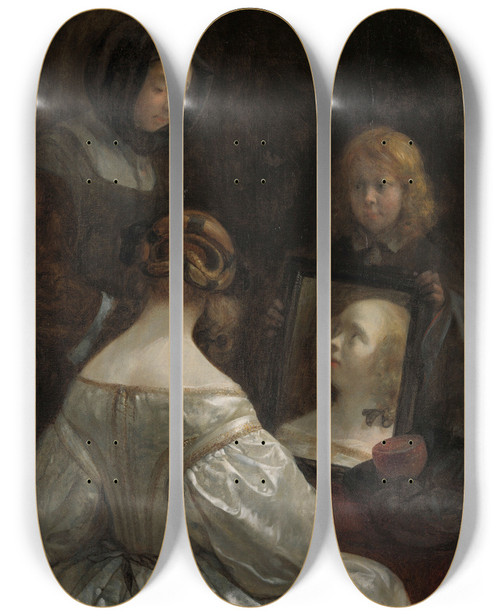 Triptych art skateboard deck of Gerard Ter Borch Woman At A Mirror by Gerard Ter Borch (1617-1681)