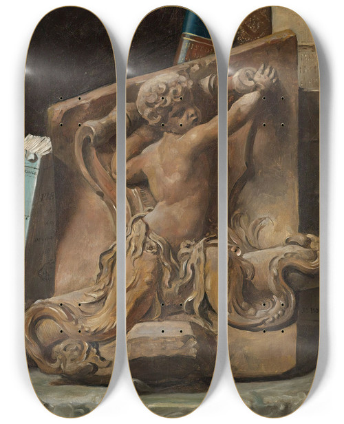 Triptych art skateboard deck of Julien Lopold Boilly Trompe Loeil Of A Bookshelf With A Terracotta Relief by Julien Leopold Boilly (1796-1874)