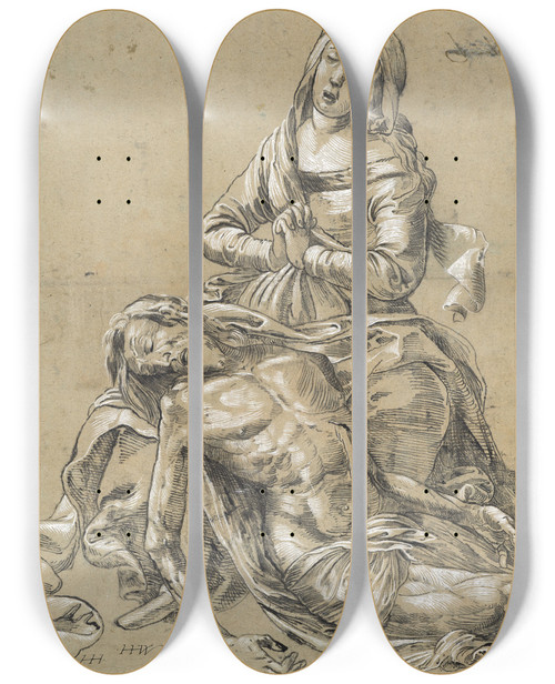 Triptych art skateboard deck of Hans Heinrich Wgmann Beweinung Christi by Hans Heinrich Wagmann (1557-1628)