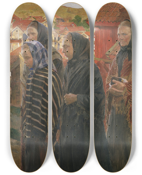 Triptych art skateboard deck of Carl Wilhelmson Fishermens Wives Returning From Church by Carl Wilhelmson (1866-1928)