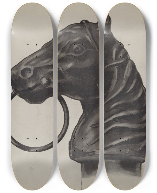 Triptych art skateboard deck of Ch Hastings Horse Head Hitching Post by C H Hastings