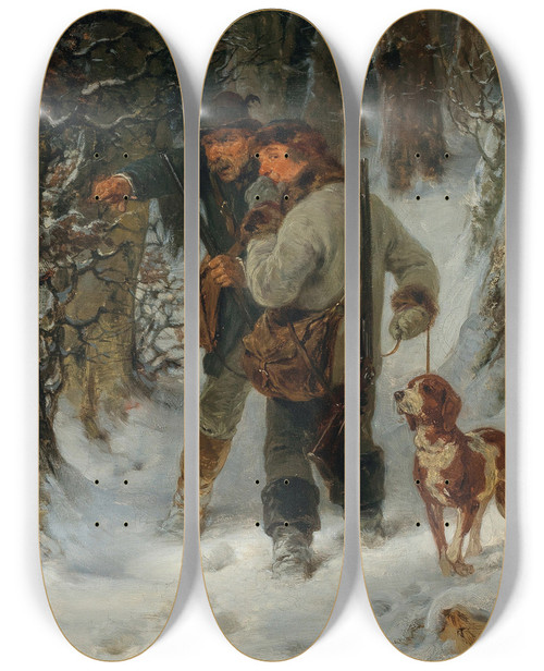 Triptych art skateboard deck of Hugo Kauffmann Looking For The Game by Hugo Kauffmann (1844-1915)
