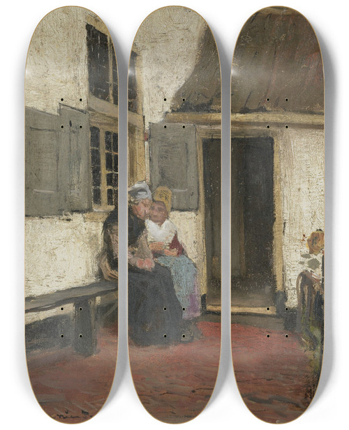 Triptych art skateboard deck of Bernardus Johannes Blommers Neighborly Gossip by Bernardus Johannes Blommers (1845-1915)