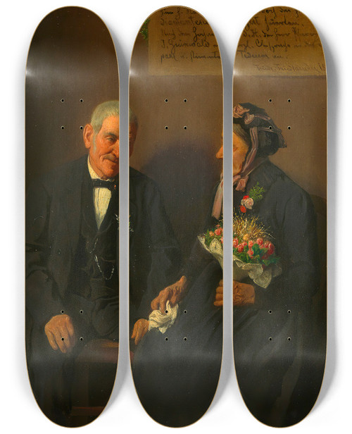 Triptych art skateboard deck of Friedrich Friedlnder Das Ehepaar Knottinger Nach Der Feier Ihrer Diamantenen Hochzeit by Friedrich Friedlander (1825-1901)