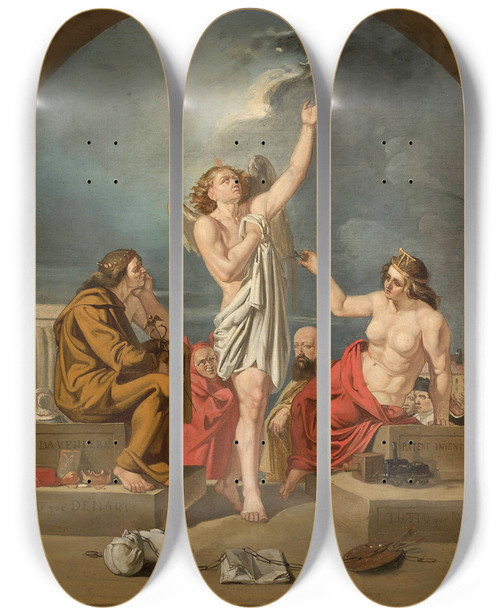 Triptych art skateboard deck of Ignacy Gierdziejewski Symbolic Scene Tutto Per Machina Tutto Per Denari by Ignacy Gierdziejewski (1826-1860)