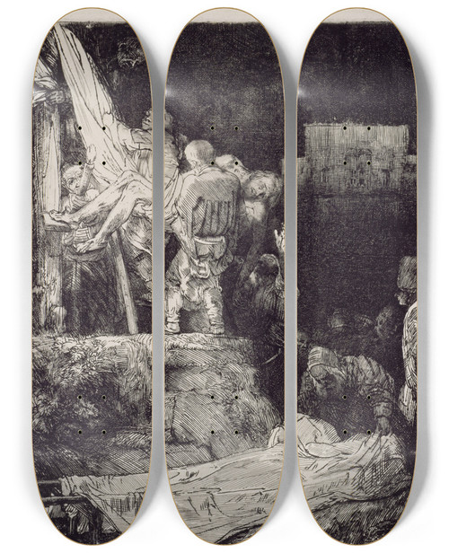 Triptych art skateboard deck of Rembrandt Van Rijn The Descent From The Cross By Torchlight_1 by Rembrandt Van Rijn (1606-1669)