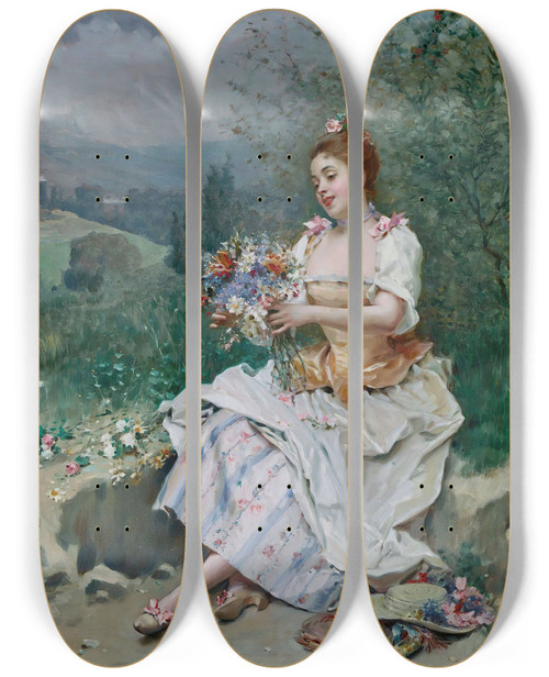 Triptych art skateboard deck of Raimundo De Madrazo Y Garreta El Bouquet De Flores by Raimundo De Madrazo Y Garreta (1841-1920)