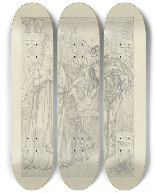 Triptych art skateboard deck of Ferdinand Fellner Mephisto Bei Gretchen Im Zimmer_1 by Ferdinand Fellner (1799-1859)