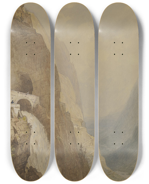 Triptych art skateboard deck of Carl Morgenstern The Splgenpass by Carl Morgenstern (1811-1893)