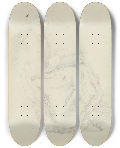 Triptych art skateboard deck of Angilbert Gbel Sitzendes Mdchen Nach Rechts Mit Buch Auf Dem Scho by Angilbert Gobel (1821-1882)