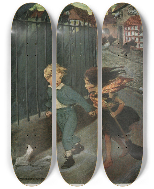 Triptych art skateboard deck of Jessie Willcox Smith Now You Lead Me He Said Taking Her Hand And Ill Take Care Of You by Jessie Willcox Smith (1863-1935)