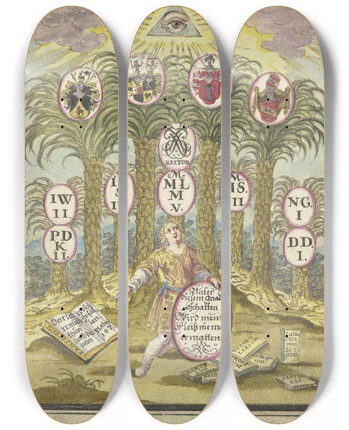 Triptych art skateboard deck of Johann Esaias Nilson Knabe Mit Einem Schild Unter Palmen by Johann Esaias Nilson (1721-1788)