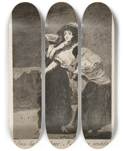 Triptych art skateboard deck of Francisco De Goya Dios La Perdone Y Era Su Madre For Heavens Sake And It Was Her Mother by Francisco de Goya (1746-1828)