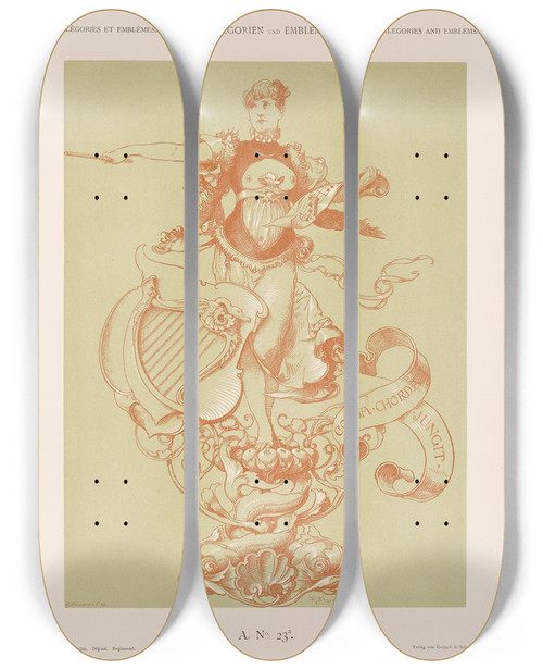 Triptych art skateboard deck of Albert Ilg Allegorien Und Embleme Vol Ii Pl025 by Albert Ilg (1847-1896)