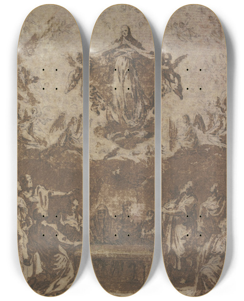 Triptych art skateboard deck of Jacques Callot Assumption Of Mary by Jacques Callot (1592-1635)