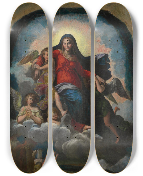 Triptych art skateboard deck of Girolamo Da Carpi The Assumption Of The Virgin by Girolamo Da Carpi (1501-1556)