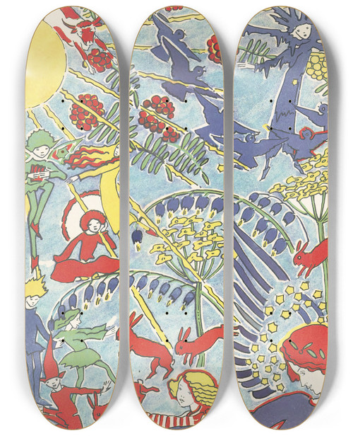 Triptych art skateboard deck of Jessie Marion King Mummys Bedtime Story Book Pl15 by Jessie Marion King (1875-1949)