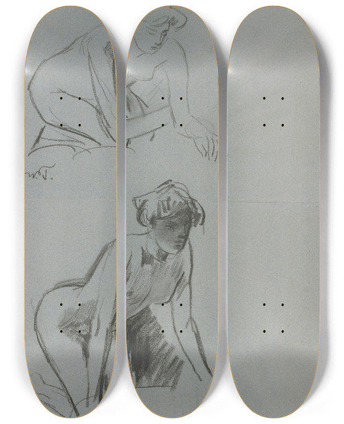 Triptych art skateboard deck of Wilhelm Trbner Zwei Weibliche Akte Kauernd Und Kniend by Wilhelm Trubner (1851-1917)