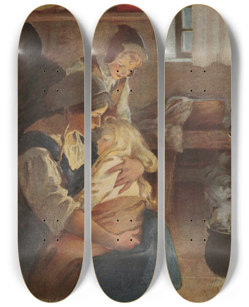 Triptych art skateboard deck of Jessie Willcox Smith There Sat His Mother By The Fire And In Her Arms Lay The Prmcess Fast Asleep by Jessie Willcox Smith (1863-1935)