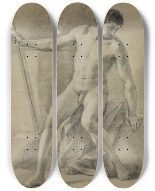 Triptych art skateboard deck of Anton Raphael Mengs Sitzender Mnnlicher Akt Fast Frontal Stab In Der Rechten Niederblickend by Anton Raphael Mengs (1728-1779)