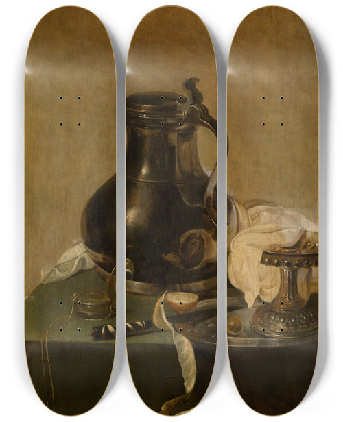 Triptych art skateboard deck of Jan Jansz Den Uyl Still Life With A Pewter Flagon by Jan Jansz. den Uyl