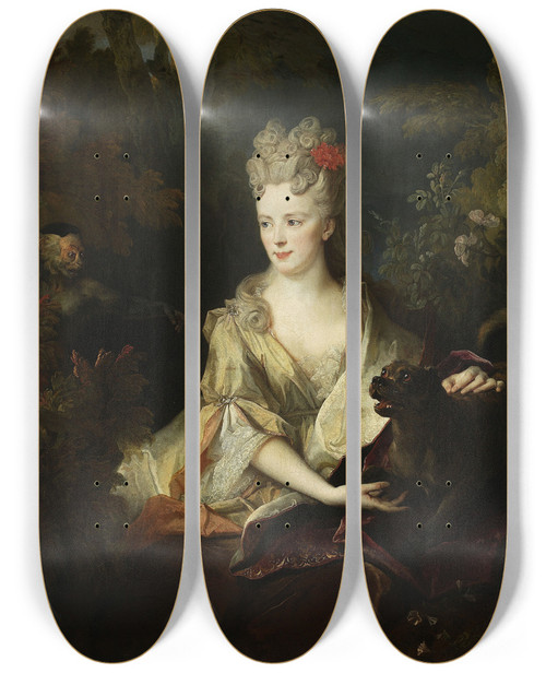 Triptych art skateboard deck of Nicolas De Largillire Portrait Of A Lady With A Dog And A Monkey by Nicolas de Largillire (1656-1746)