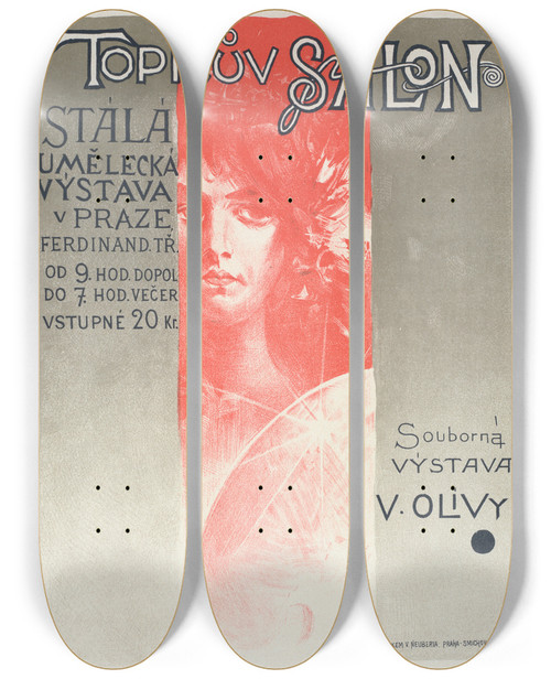 Triptych art skateboard deck of Viktor Olva Topic Salon by Viktor Oliva (1861-1928)