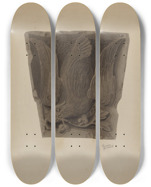 Triptych art skateboard deck of Richard Barnett Carved Keystone by Richard Barnett