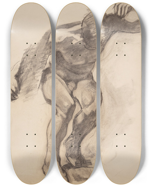 Triptych art skateboard deck of Oluf Hartmann Modelstudie Foroverbjet Model Set Forfra_1 by Oluf Hartmann (1879-1910)