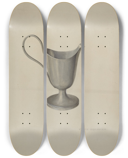 Triptych art skateboard deck of Fritz Boehmer Pewter Cream Pitcher by Fritz Boehmer