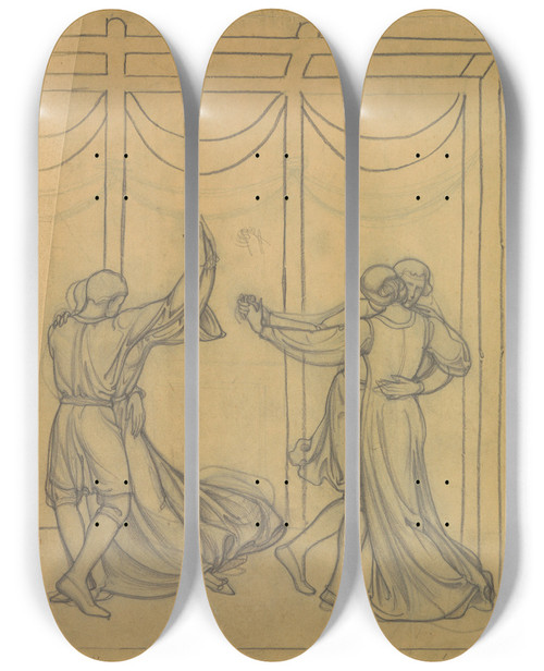 Triptych art skateboard deck of Antoon Derkinderen Ontwerp Voor Wandschildering In De Beurs Van Berlage Twee Dansende Paren by Antoon Derkinderen (1859-1925)