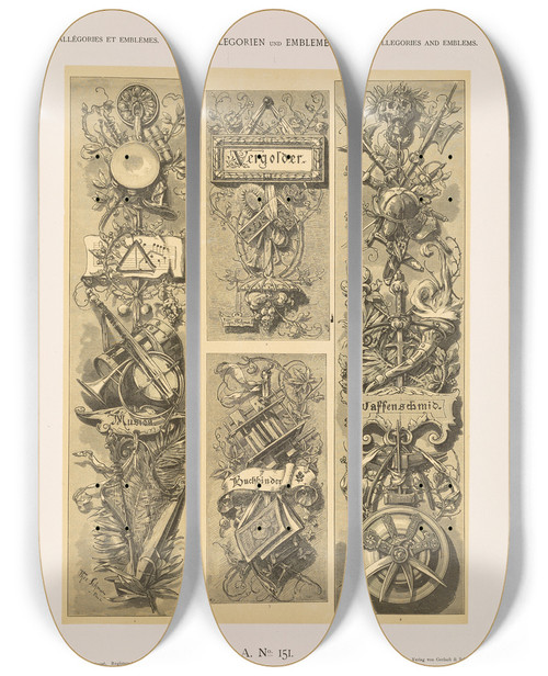 Triptych art skateboard deck of Albert Ilg Allegorien Und Embleme Vol Ii Pl162 by Albert Ilg (1847-1896)