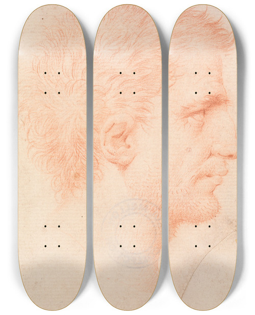 Triptych art skateboard deck of Giles Hussey Head Of A Man With Stubble Beard Facing Right by Giles Hussey (1710-1788)