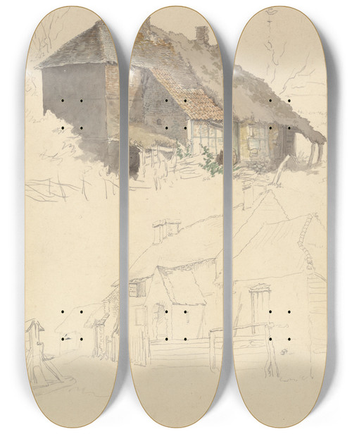 Triptych art skateboard deck of Robert Hills Sketches Of Cottages Two Studies On One Sheet by Robert Hills (1769-1844)