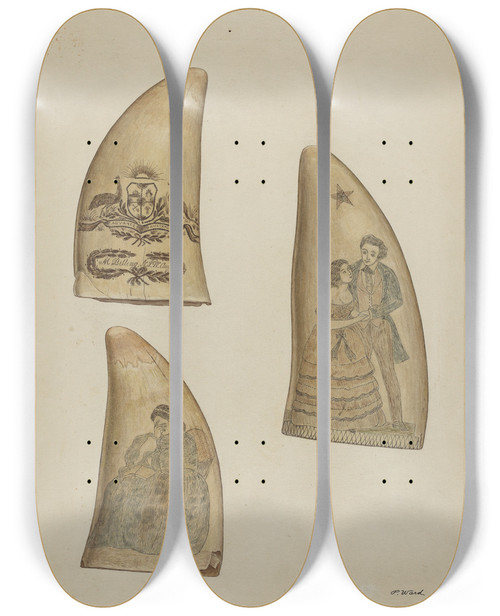 Triptych art skateboard deck of Paul Ward Scrimshaw_1 by Paul Ward (20-)