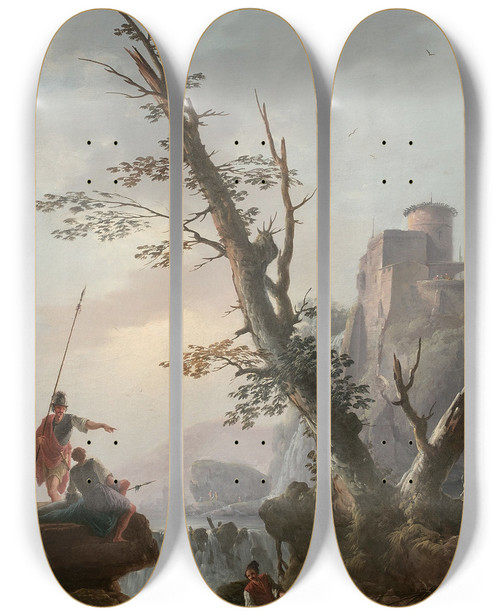 Triptych art skateboard deck of Charles Franois Daubigny Soldats Et Pcheurs Dans Un Paysage De Cascade by Charles Francois Daubigny (1817-1878)
