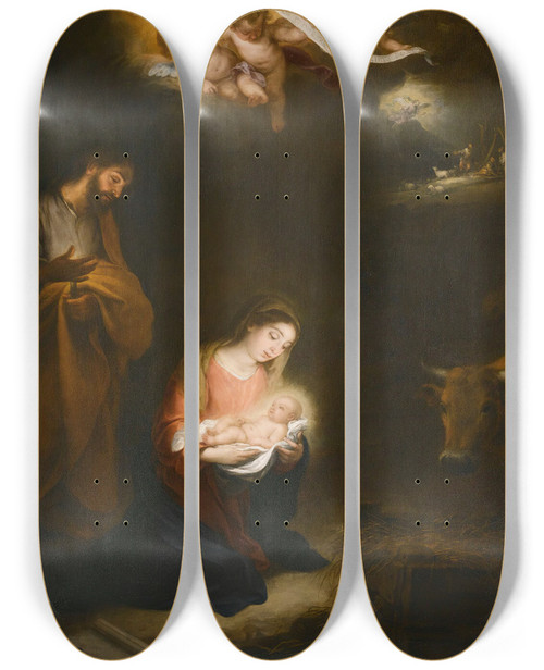Triptych art skateboard deck of Bartolom Estebn Murillo A Nocturnal Scene With The Nativity And The Annunciation To The Shepherds Beyond by Bartolome Esteban Murillo (1617-1682)