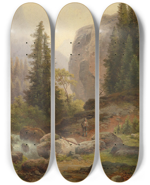 Triptych art skateboard deck of Carl Hasch Jger Im Hochgebirge by Carl Hasch (1834-1897)