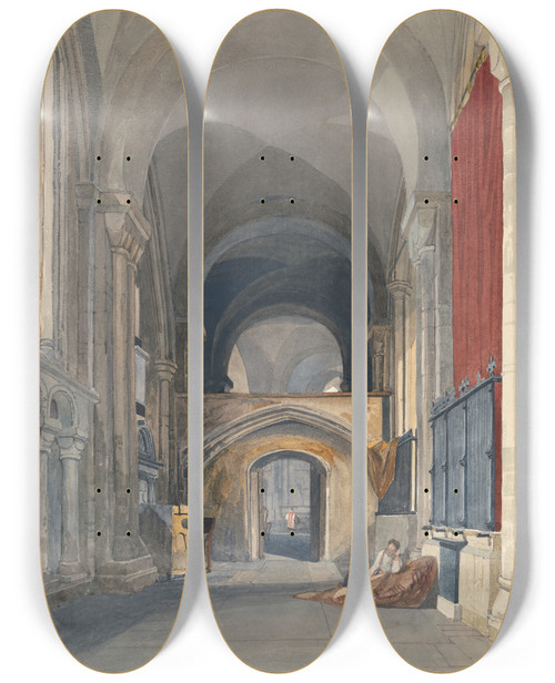 Triptych art skateboard deck of John Sell Cotman Norwich Cathedral Interior Of The North Aisle Of The Choir Looking East by John Sell Cotman (1782-1842)