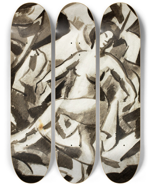 Triptych art skateboard deck of Carl Newman Female Nude_1 by Carl Newman (1858-1932)