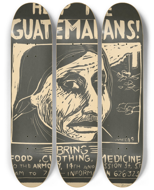 Triptych art skateboard deck of Rachael Romero Help The Guatemalans by Rachael Romero (1953)