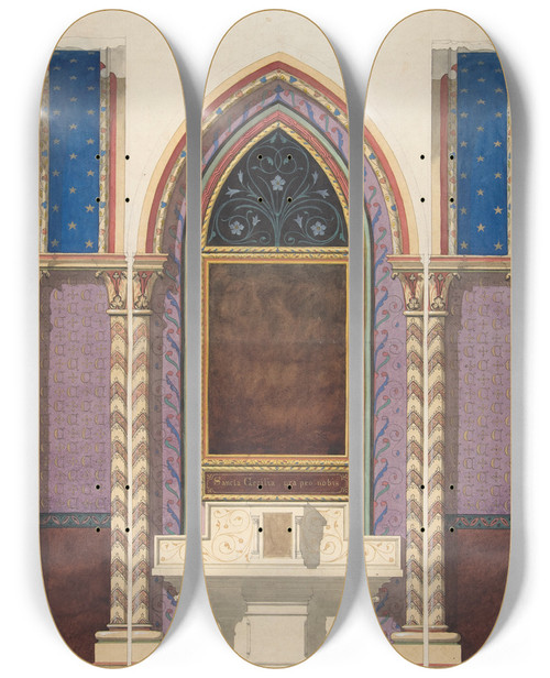 Triptych art skateboard deck of Julesedmondcharles Lachaise Elevation Of A Design For An Altar And Painted Wall Decoration by Jules-Edmond-Charles Lachaise (1897)
