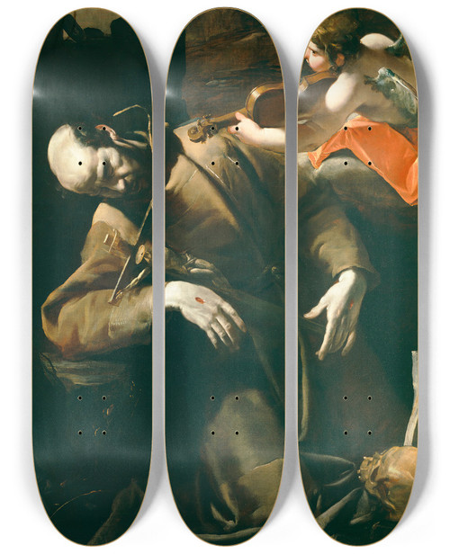 Triptych art skateboard deck of Gioacchino Assereto St Francis Of Assisi In Ecstasy Before A Cherub With A Violin by Gioacchino Assereto (1600-1649)