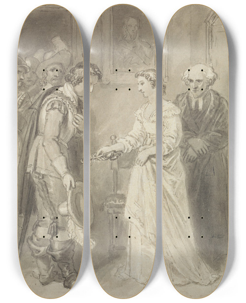 Triptych art skateboard deck of Thomas Stothard A Girl Giving A Key To A Cavalier by Thomas Stothard (1755-1834)