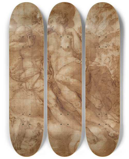 Triptych art skateboard deck of Francesco De Rossi Jupiter And Io by Francesco de' Rossi (1510-1563)