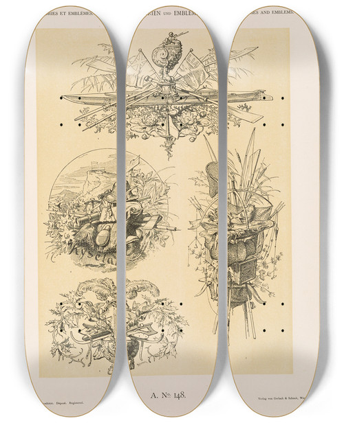 Triptych art skateboard deck of Albert Ilg Allegorien Und Embleme Vol Ii Pl159 by Albert Ilg (1847-1896)