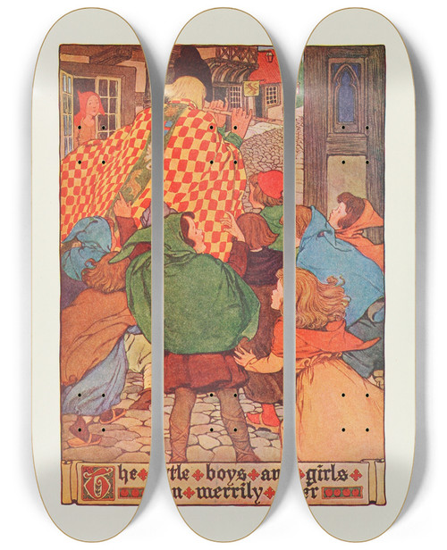 Triptych art skateboard deck of Hope Dunlap The Little Boys And Girls Ran Merrily After by Hope Dunlap