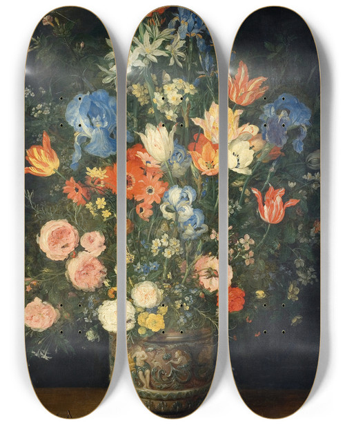 Triptych art skateboard deck of Jan Brueghel The Elder Still Life With Flowers And Insects by Jan Brueghel The Elder (1568-1625)