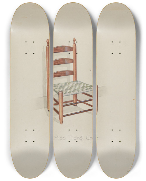Triptych art skateboard deck of Victor F Muollo Shaker Three Slat Titlting Chair by Victor F Muollo